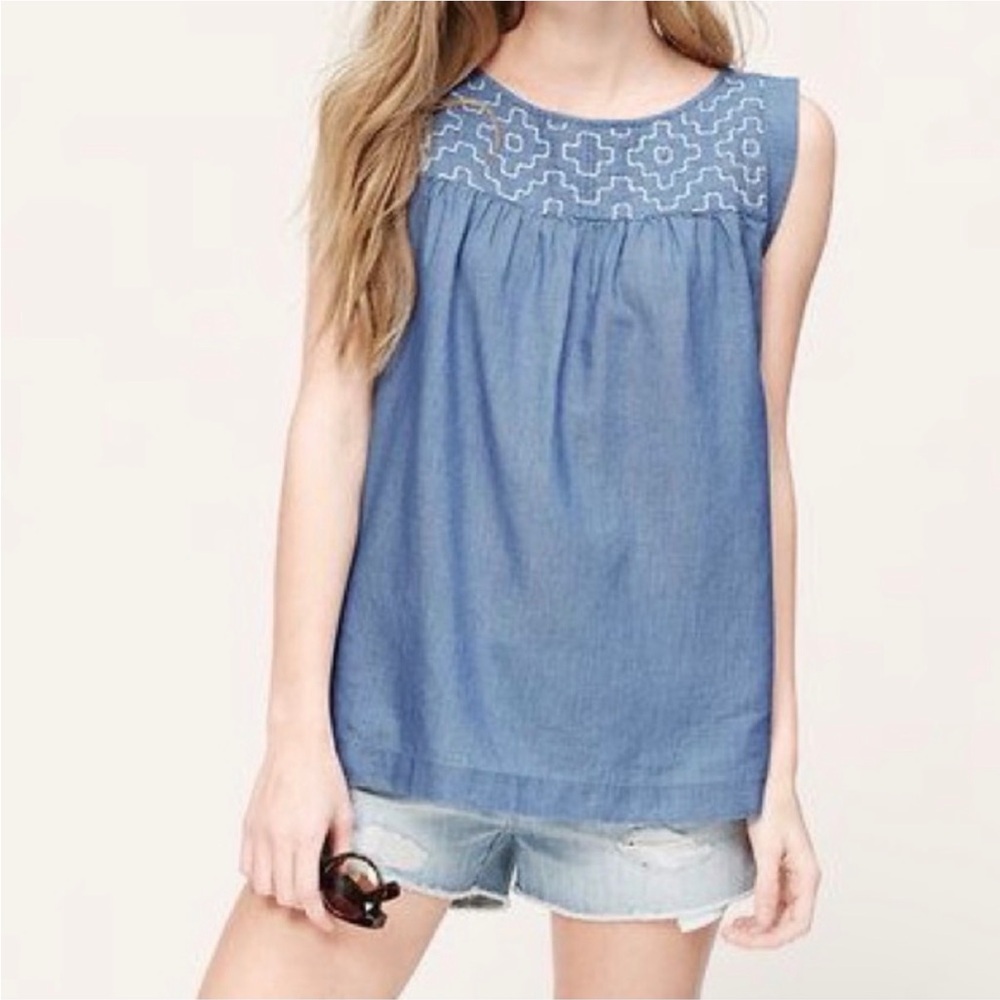 LOFT Chambray Denim Sleeveless Embroidered Top/Blouse